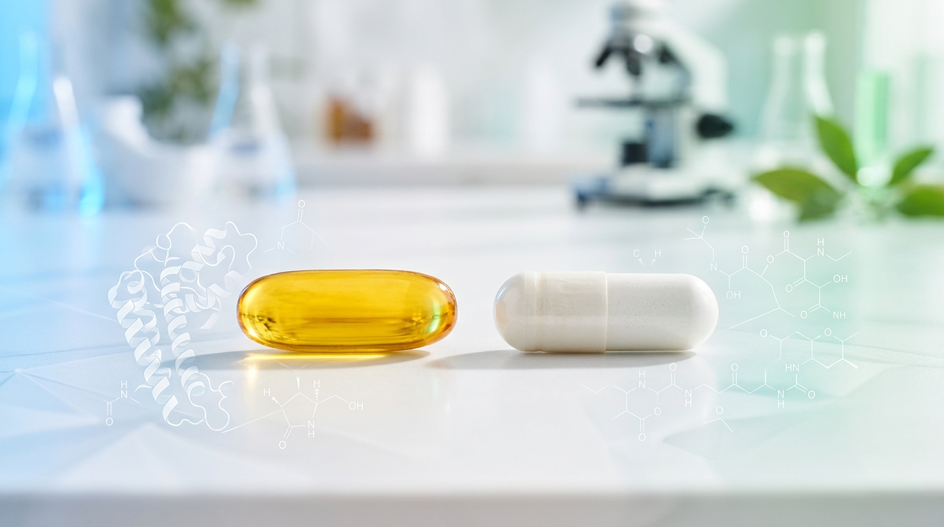 Anti-inflammatory foods for spike protein detox diet on a wooden table with colorful vegetables and supplements